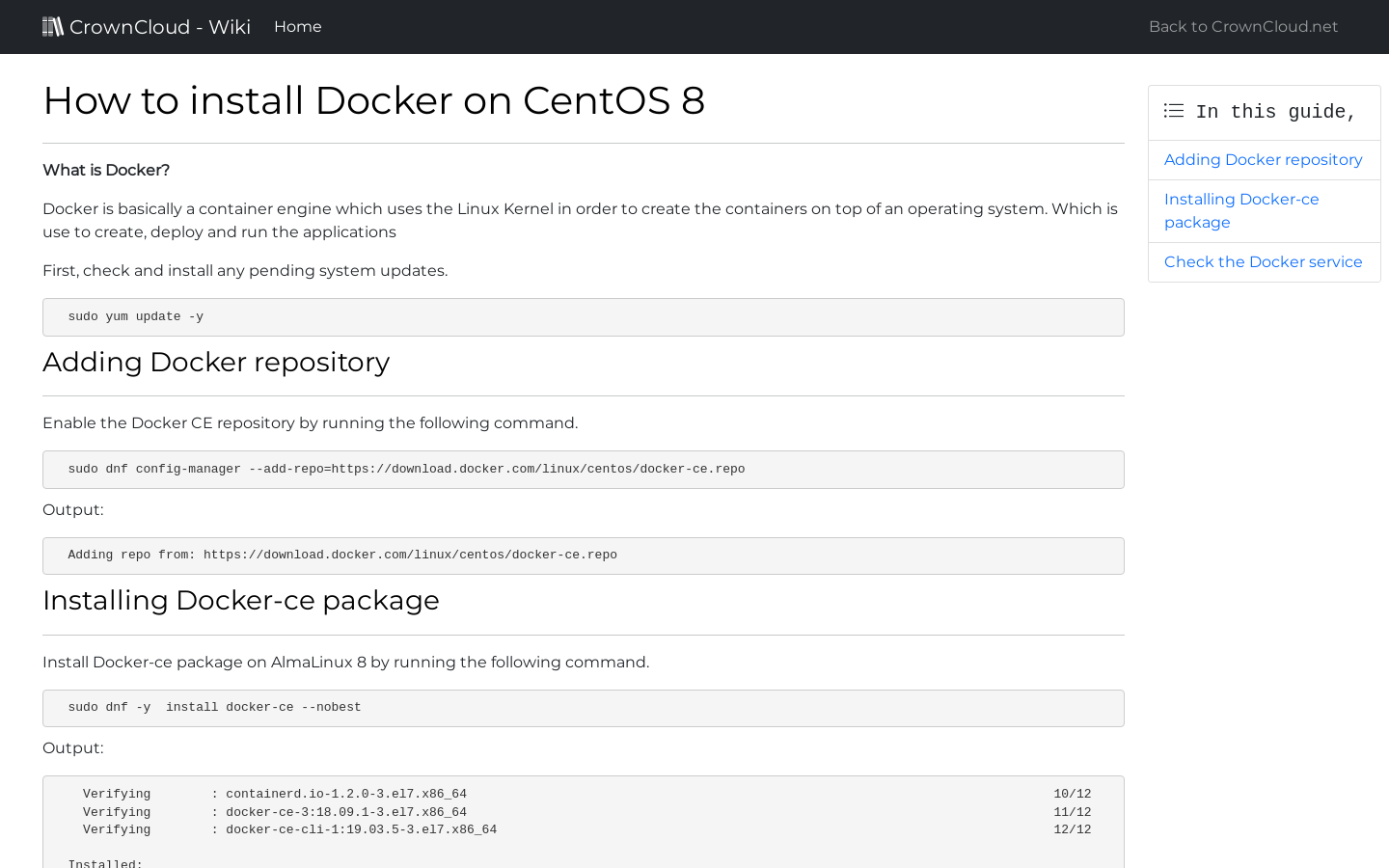 CrownCloud Wiki How To Install Docker On CentOS 8