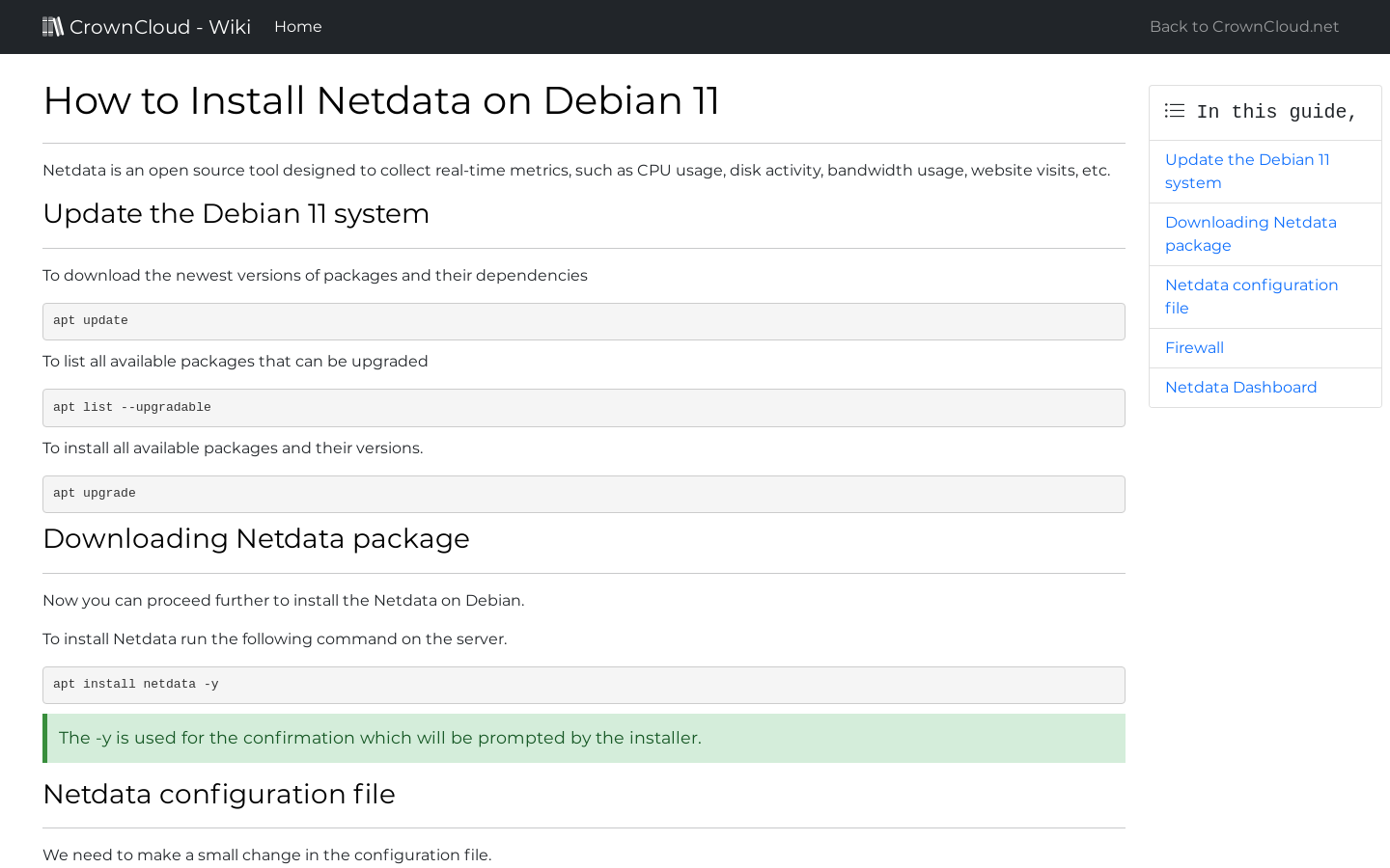 CrownCloud Wiki How To Install Netdata Monitoring Tool On Debian 11