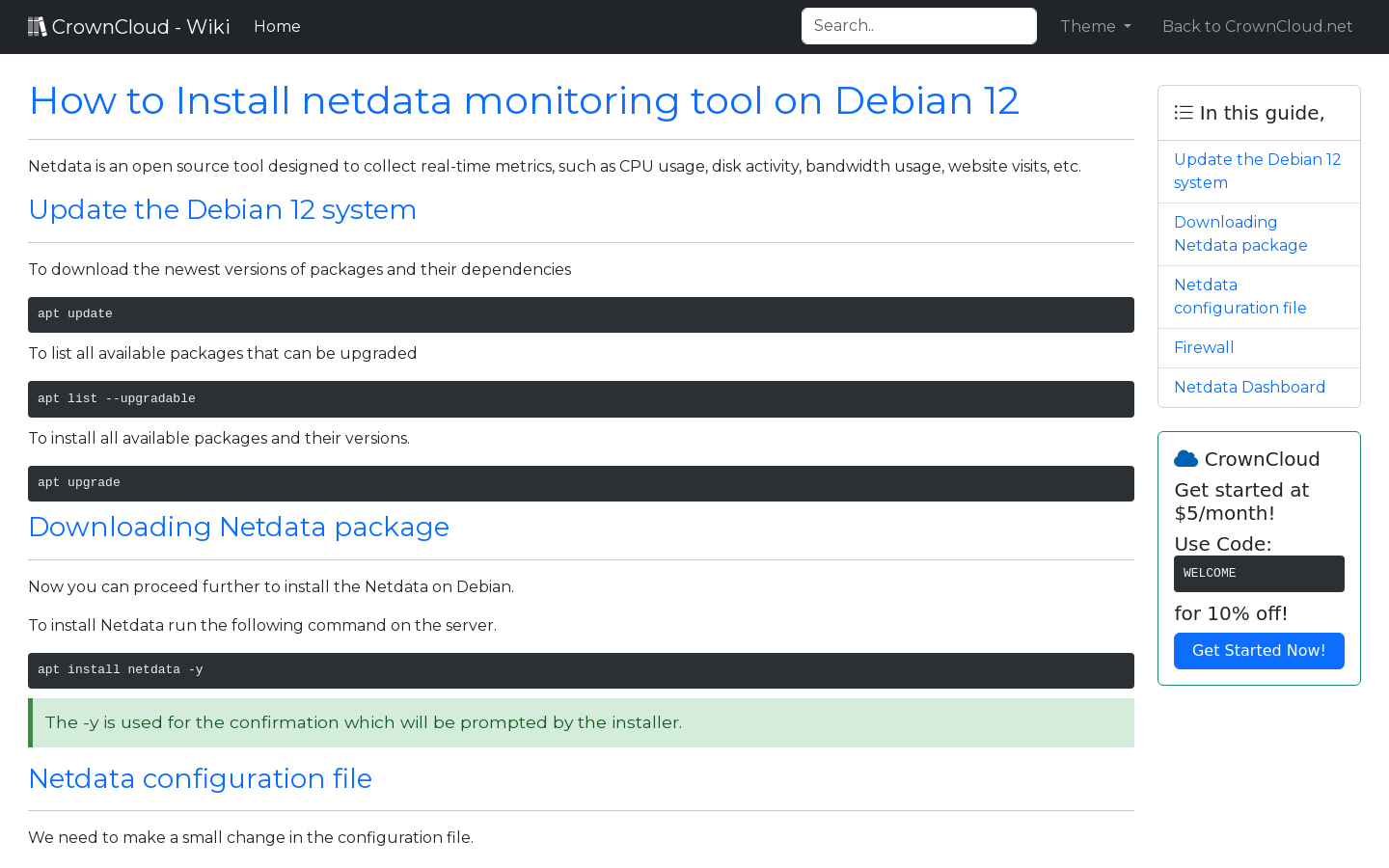 CrownCloud Wiki How To Install Netdata Monitoring Tool On Debian 12