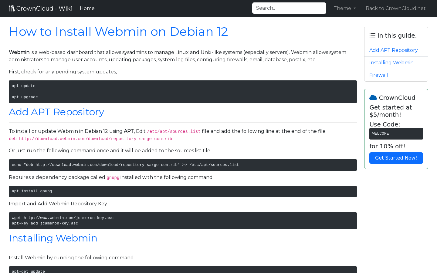 Crowncloud Wiki How To Install Webmin On Debian