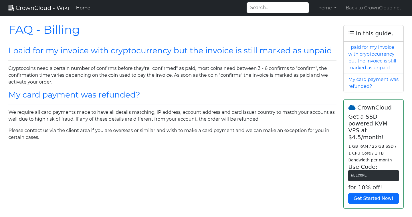 CrownCloud Wiki - Billing Related FAQ