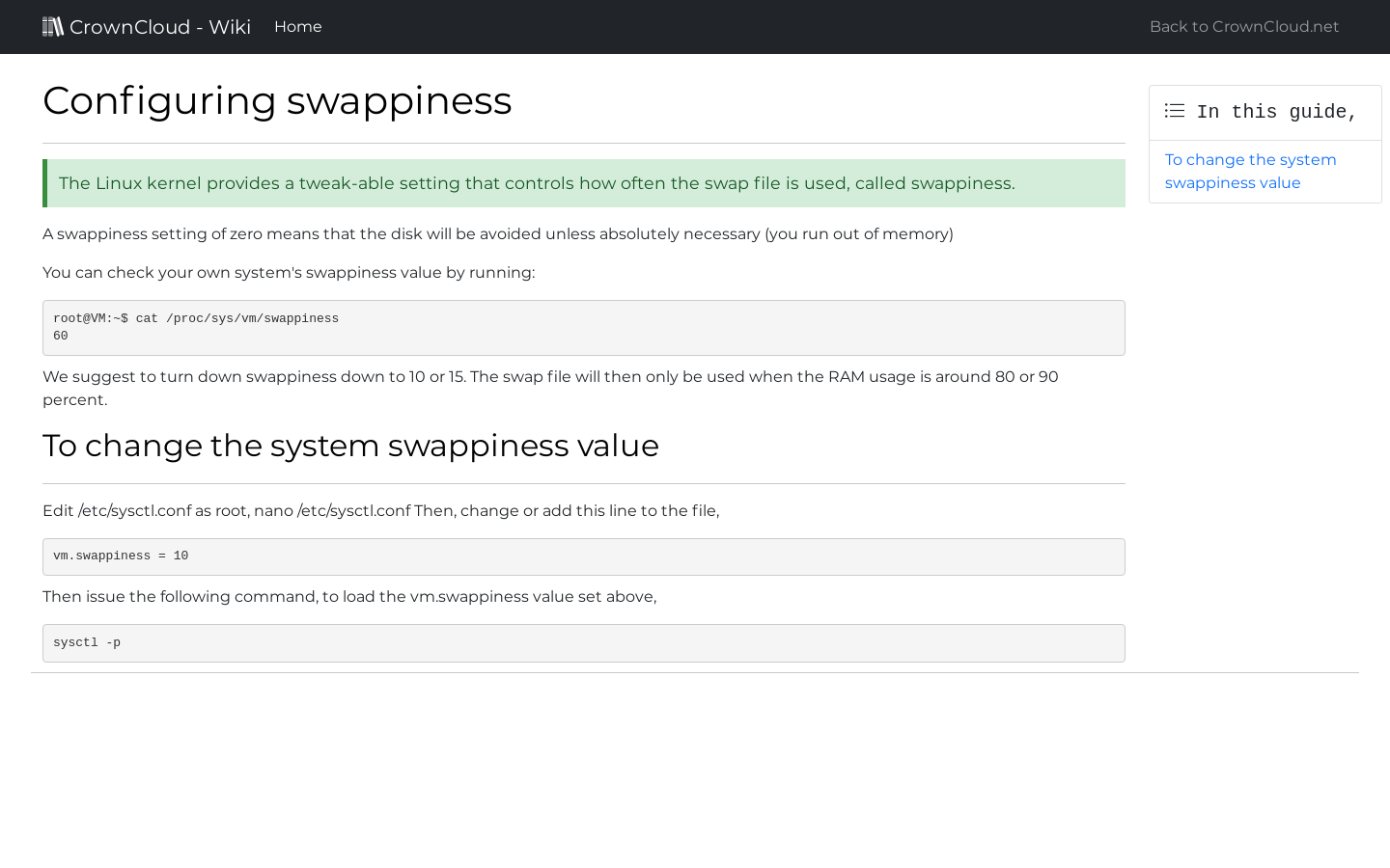 CrownCloud Wiki Configuring Swappiness