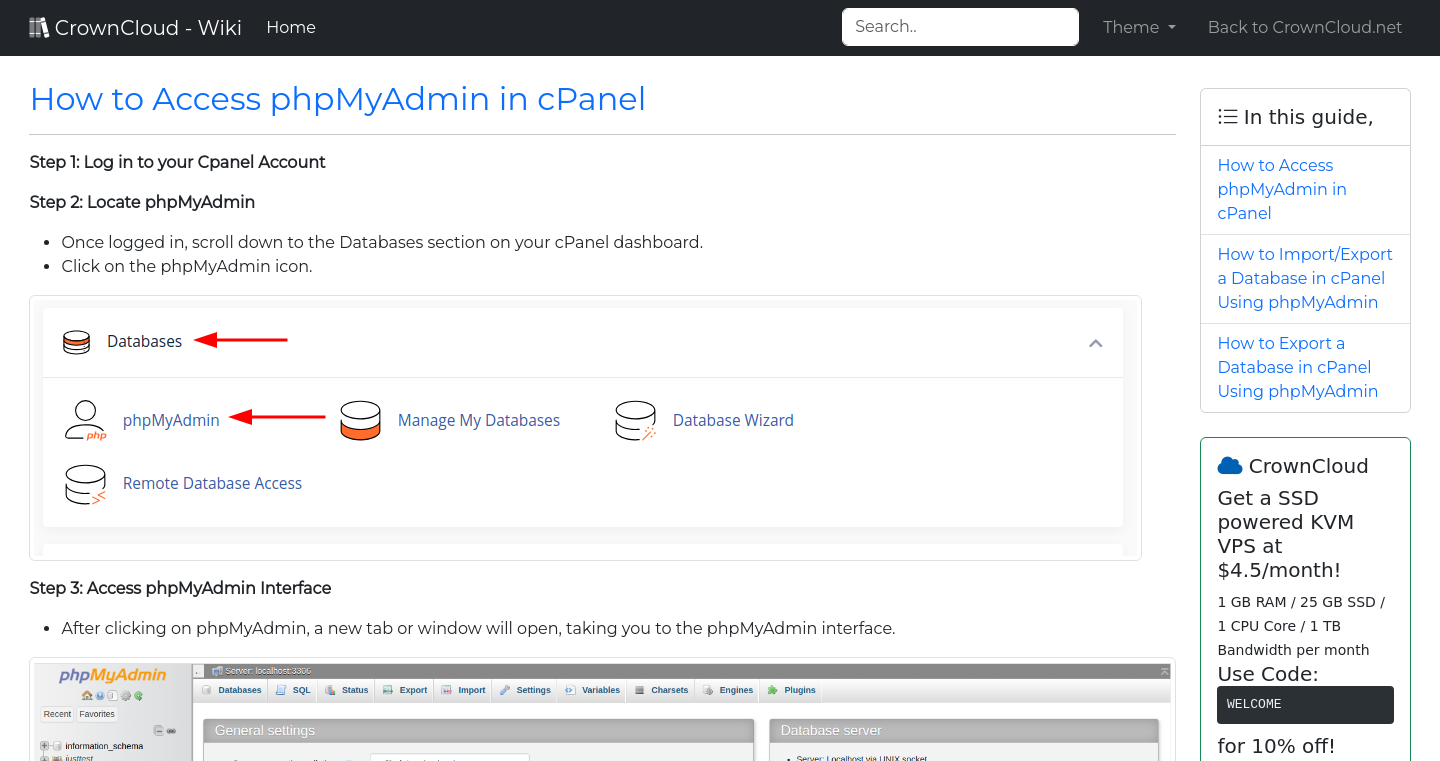 Crowncloud wiki how to access phpmyadmin and import export databases