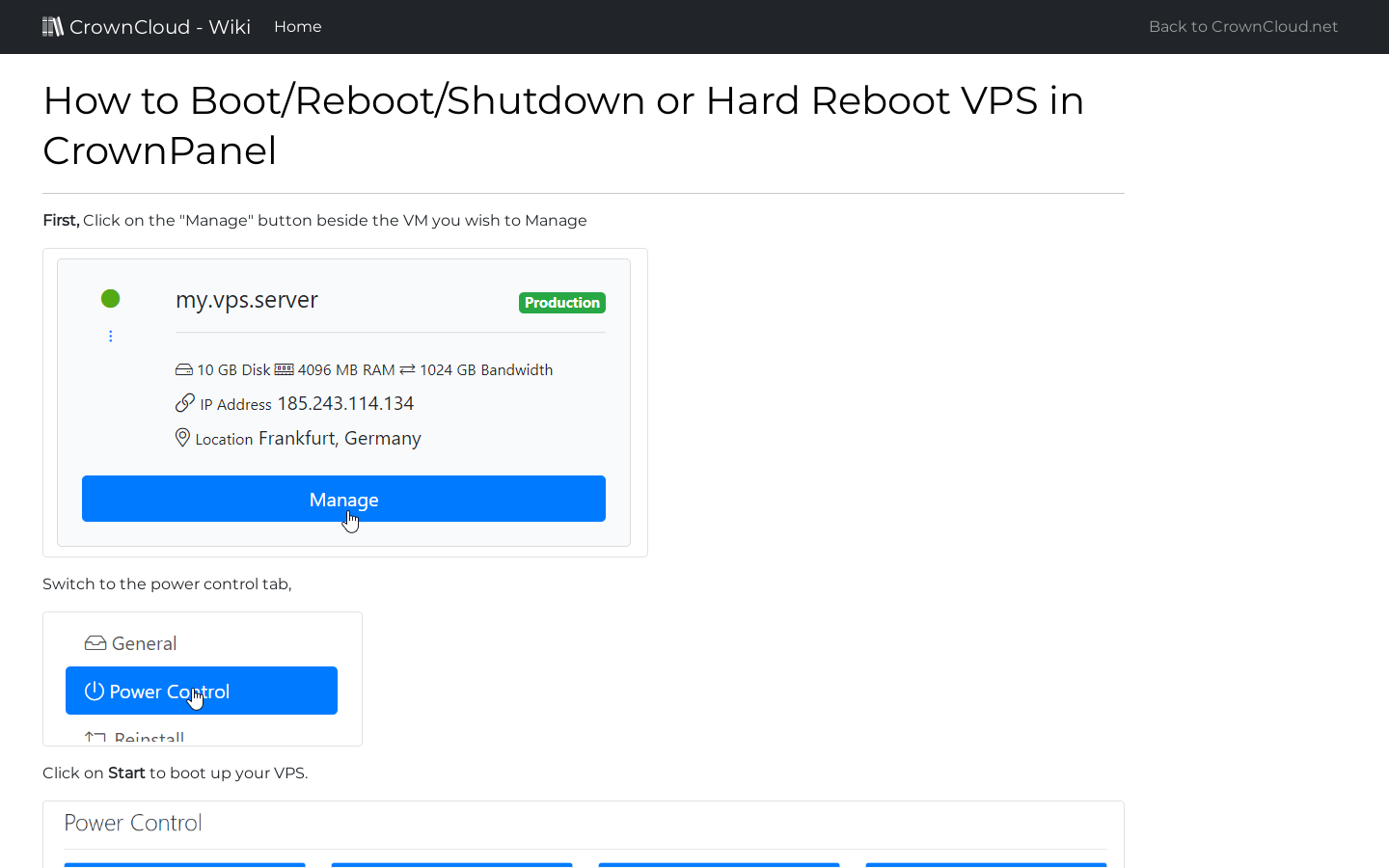 CrownCloud Wiki - How To Boot Or Reboot Or Shutdown Or Hard Reboot VPS ...