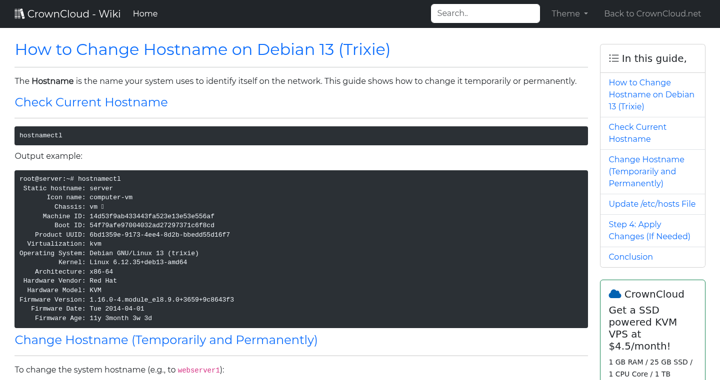 CrownCloud Wiki - How To Change Hostname On Debian 13