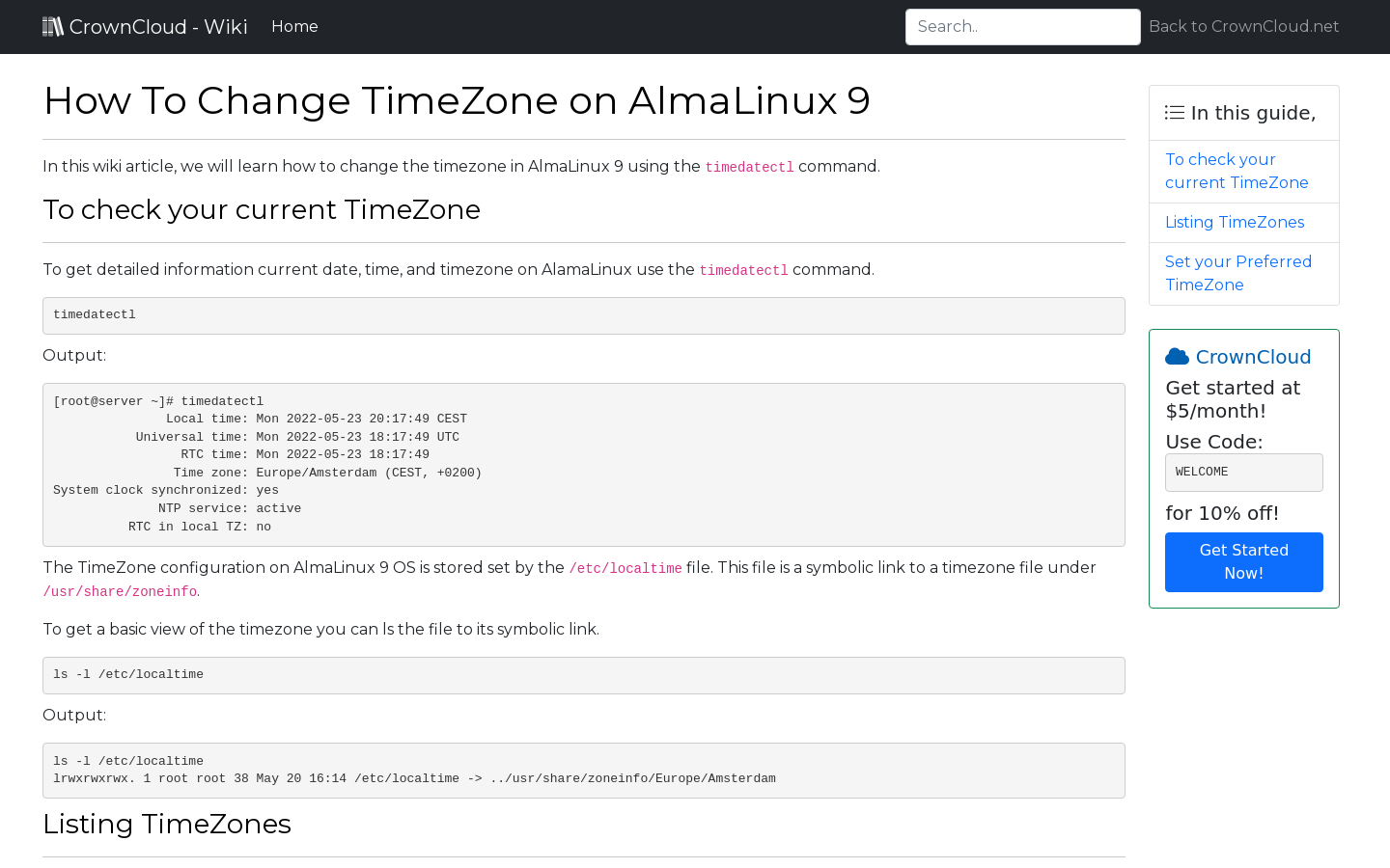 Crowncloud wiki how to change timezone on almalinux 9