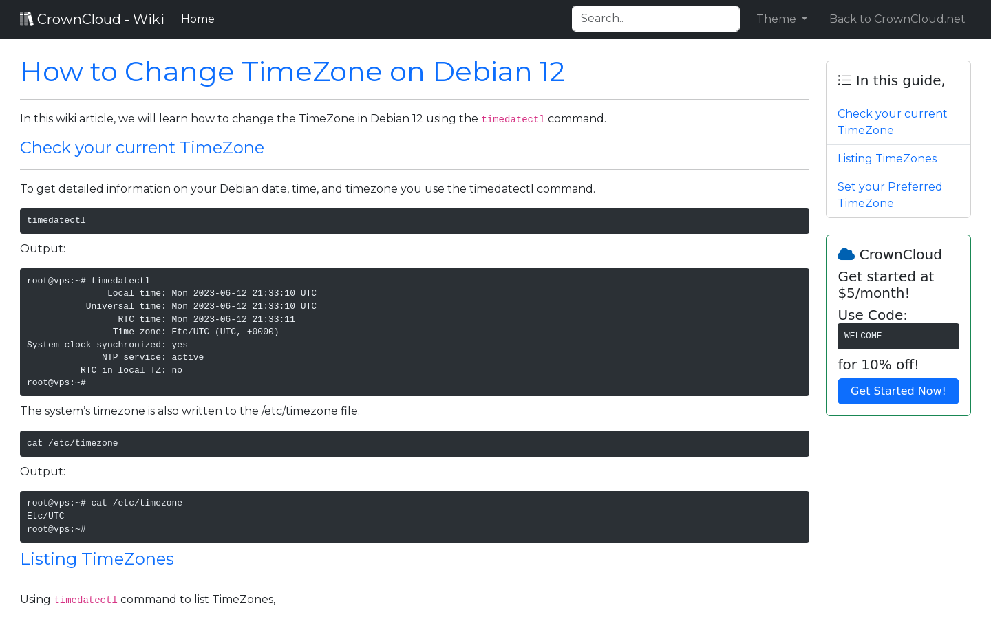 CrownCloud Wiki - How To Change TimeZone On Debian 12