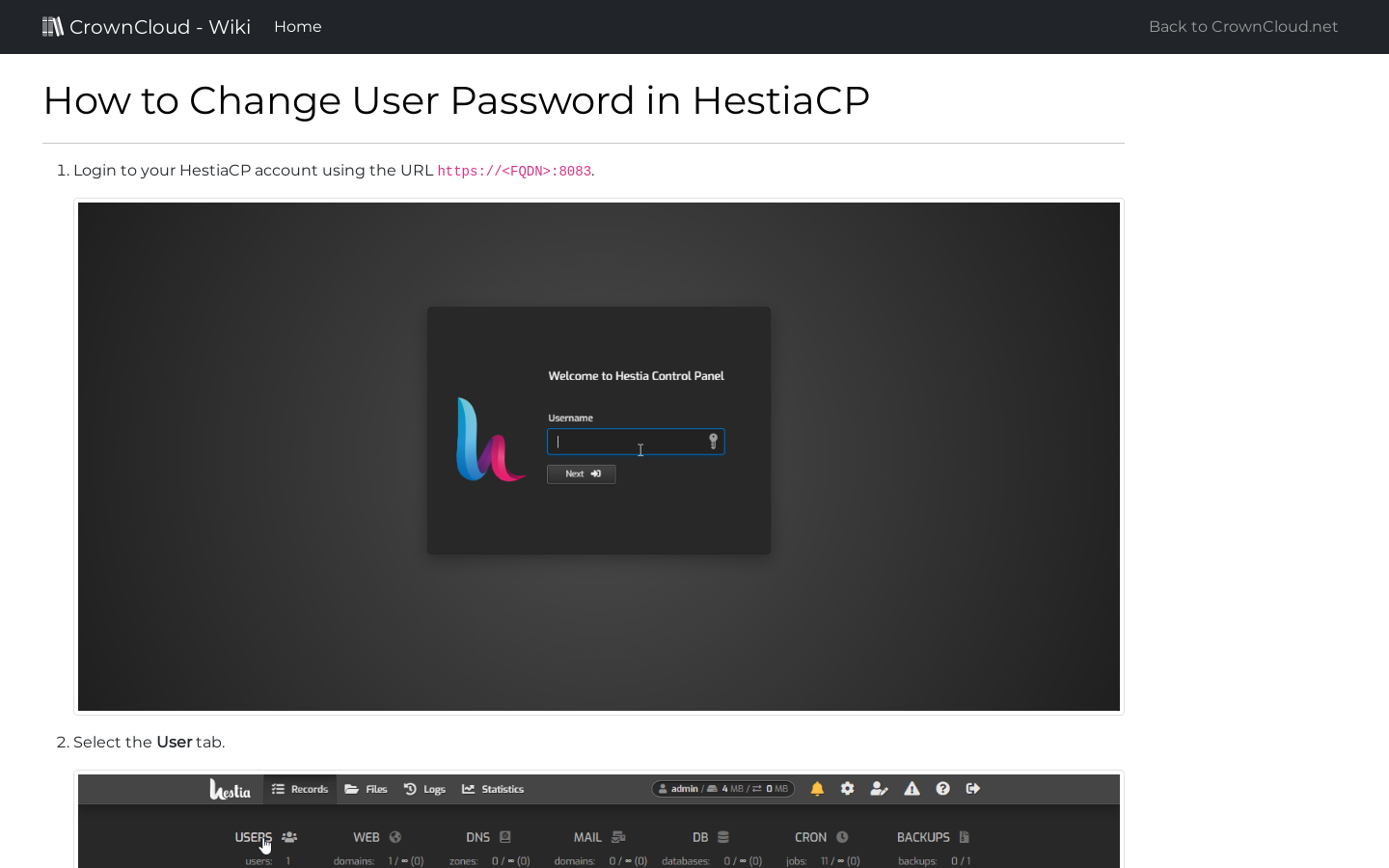 CrownCloud Wiki How To Change User Password In HestiaCP