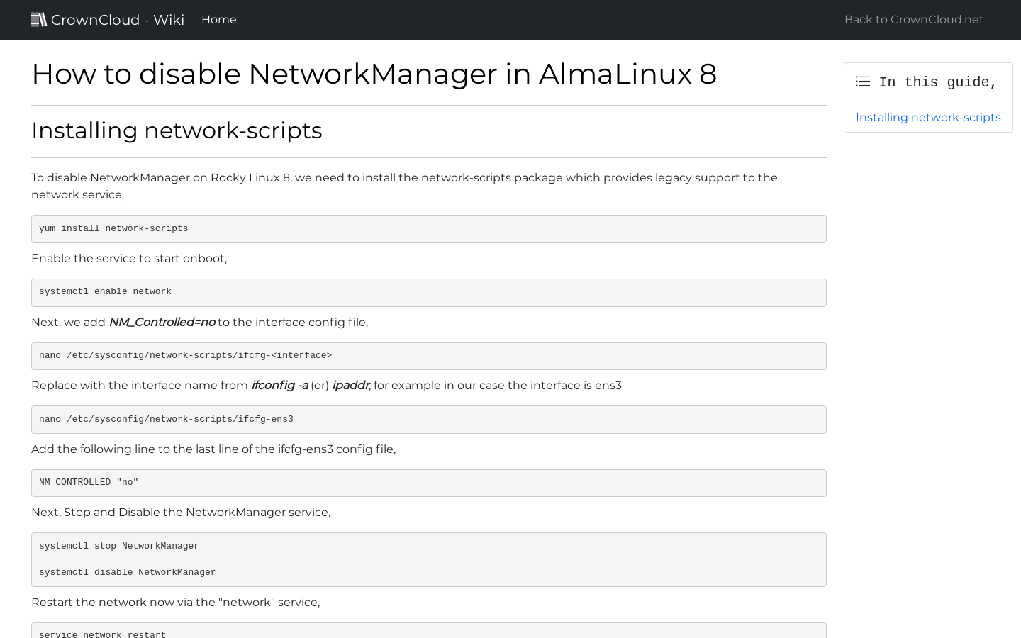 CrownCloud Wiki How To Disable NetworkManager In AlmaLinux 8