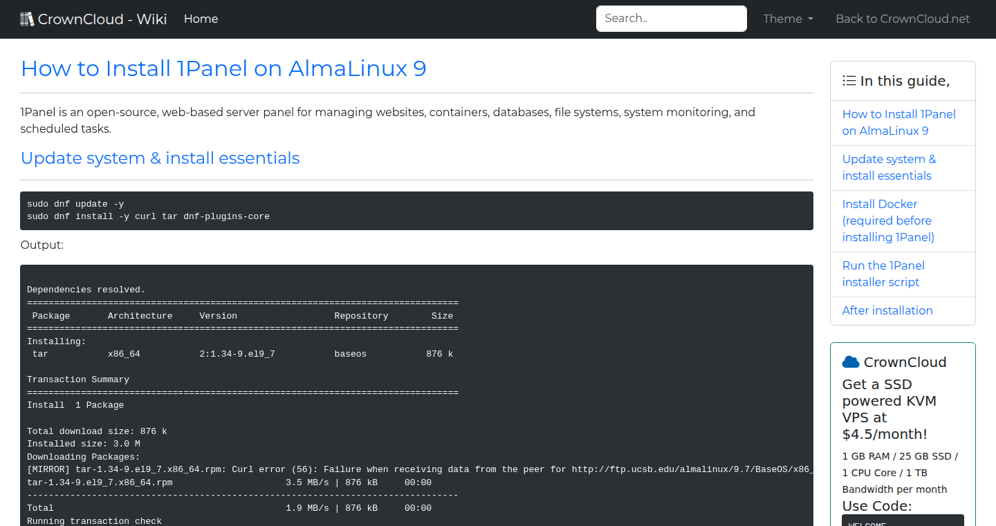 CrownCloud Wiki - How To Install 1panel On Alma Linux 9