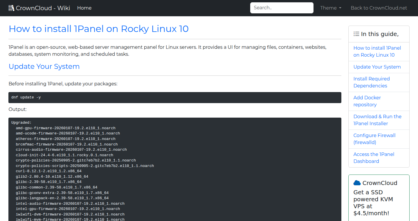 CrownCloud Wiki - How To Install 1panel On Rocky Linux 10