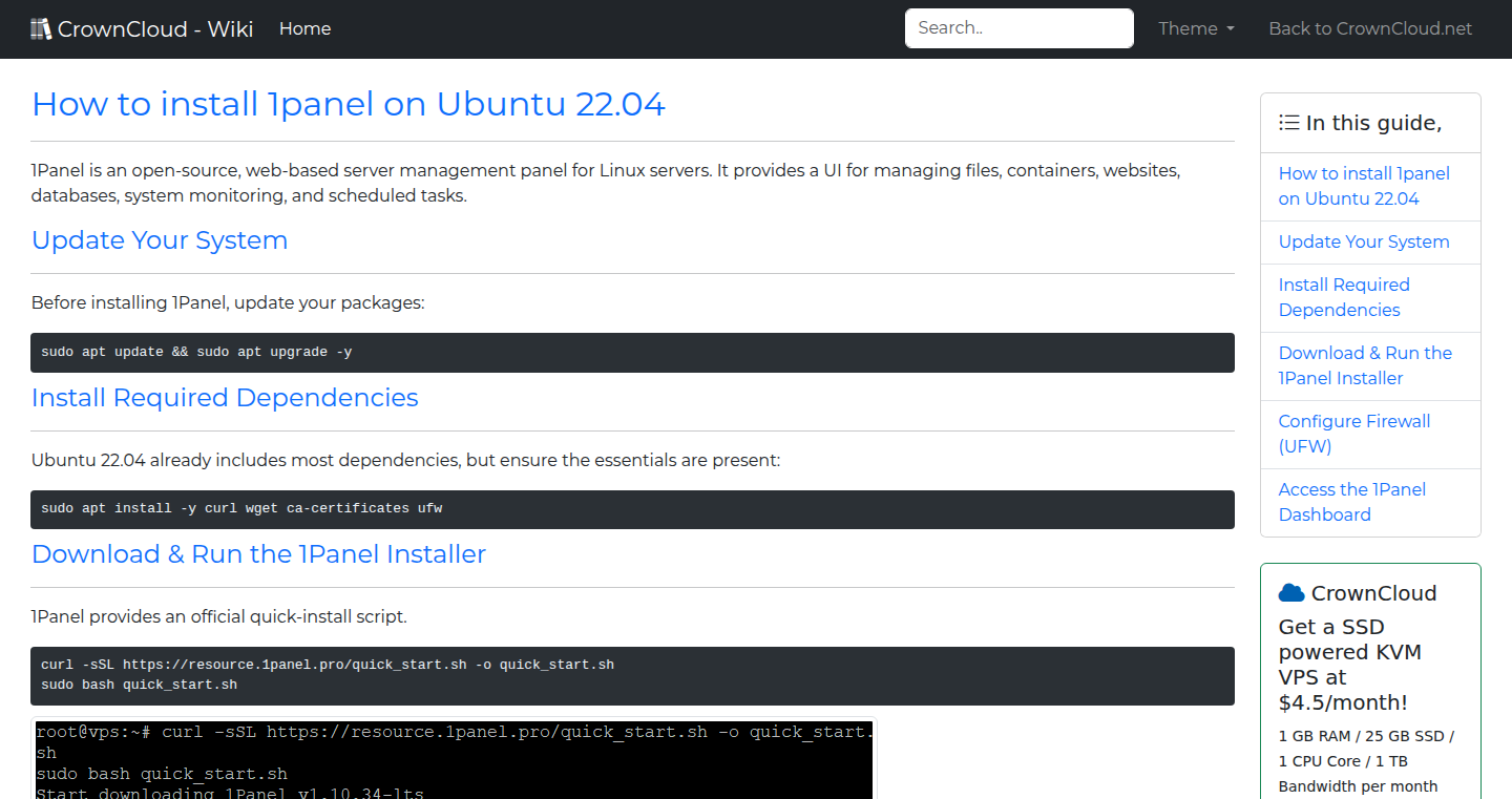 CrownCloud Wiki - How To Install 1panel On Ubuntu 22 04