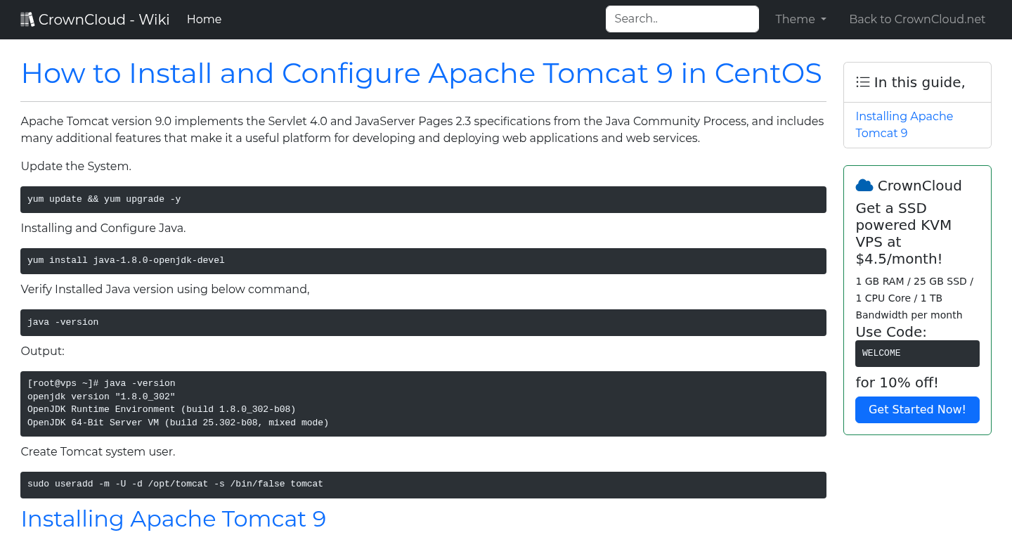 CrownCloud Wiki - How To Install And Configure Apache Tomcat 9 In CentOS