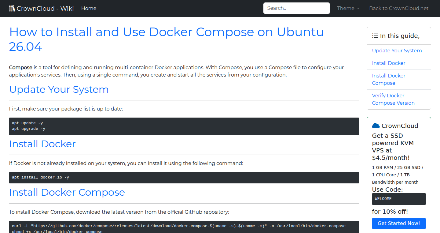 CrownCloud Wiki - How To Install And Use Docker Compose On Ubuntu 26 04