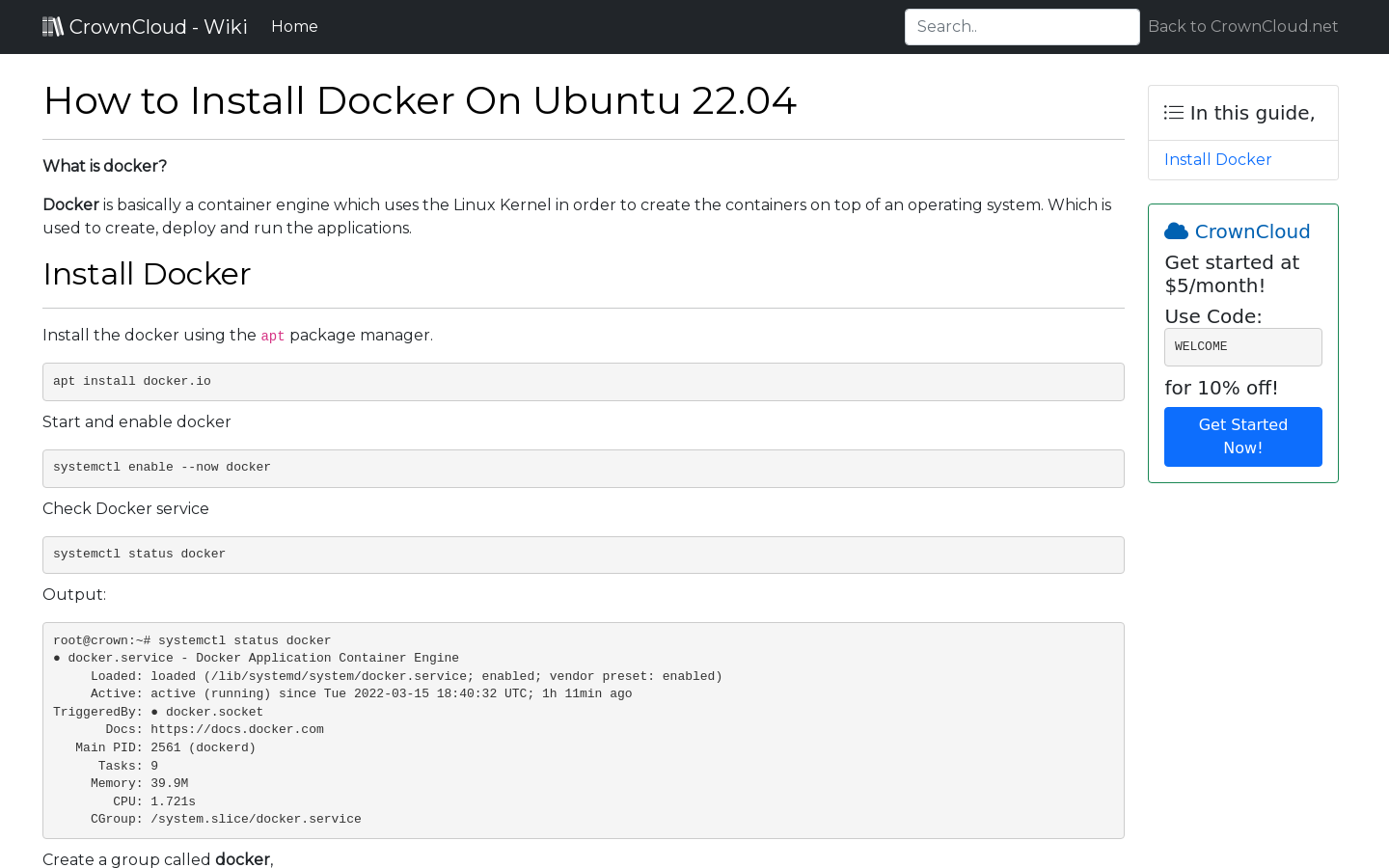 Crowncloud wiki - how to install docker on ubuntu 22 04