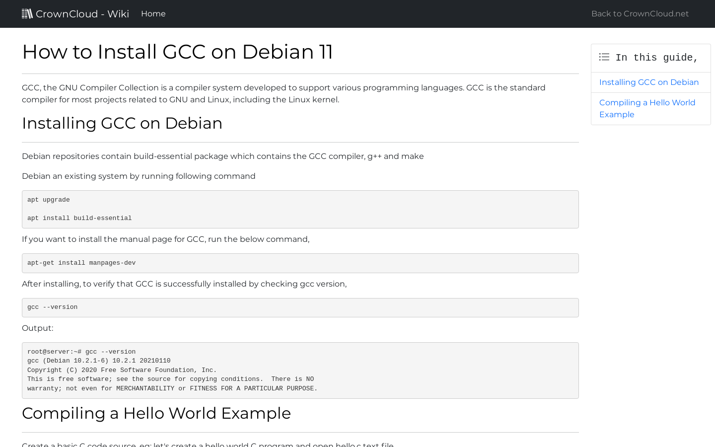 CrownCloud Wiki How To Install GCC On Debian 11