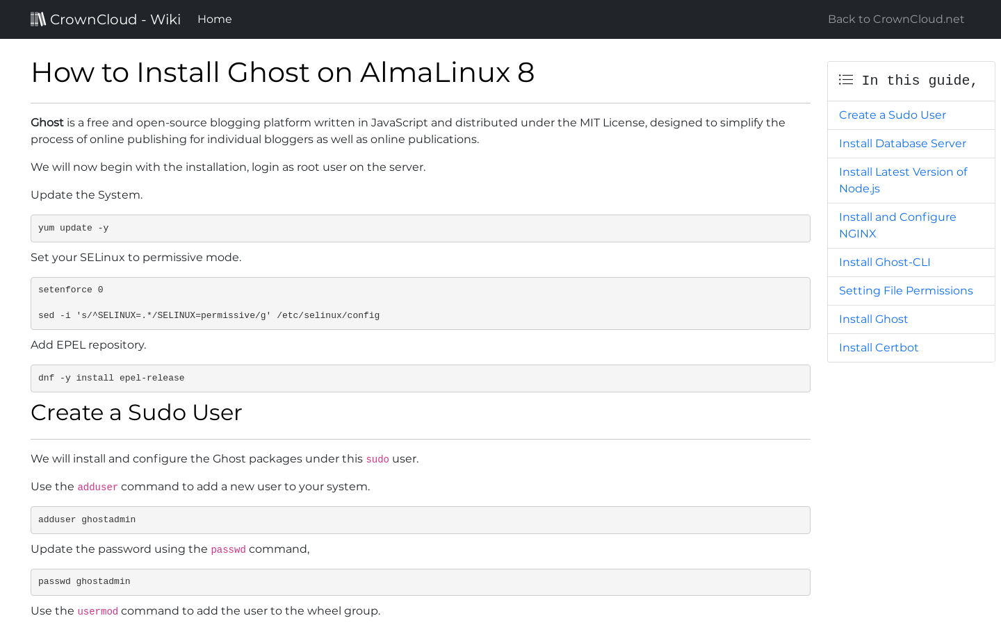 CrownCloud Wiki How To Install Ghost On Alma Linux 8