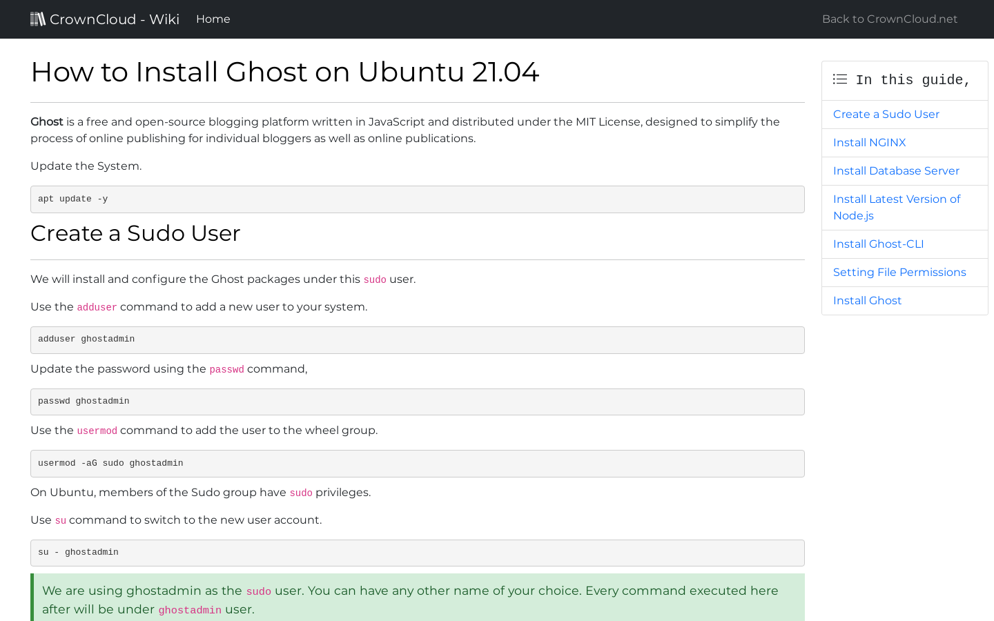 CrownCloud Wiki - How To Install Ghost On Ubuntu 21 04