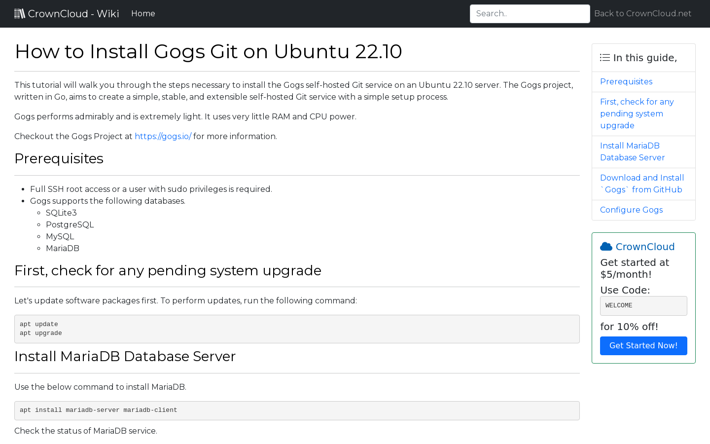 Crowncloud wiki how to install gogs git on ubuntu 22 10