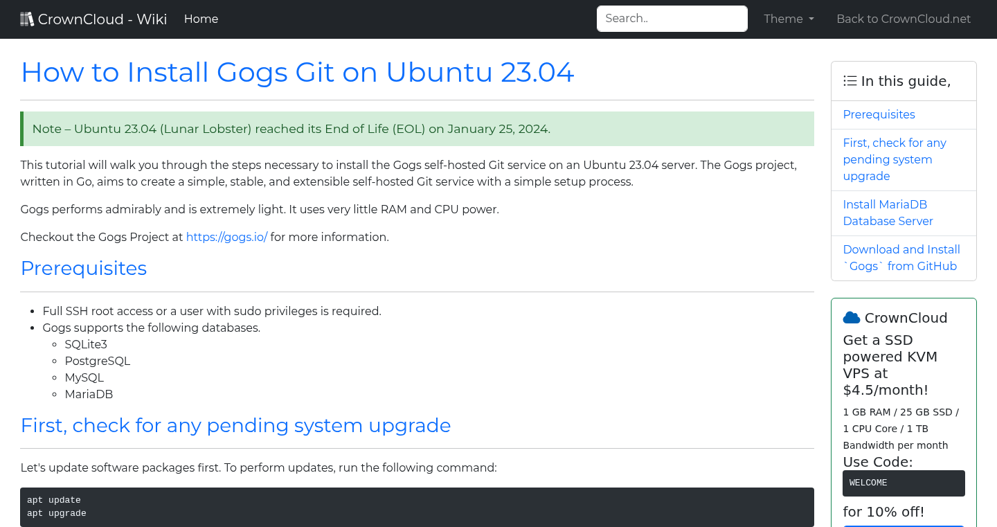 CrownCloud Wiki - How To Install Gogs Git On Ubuntu 23 04