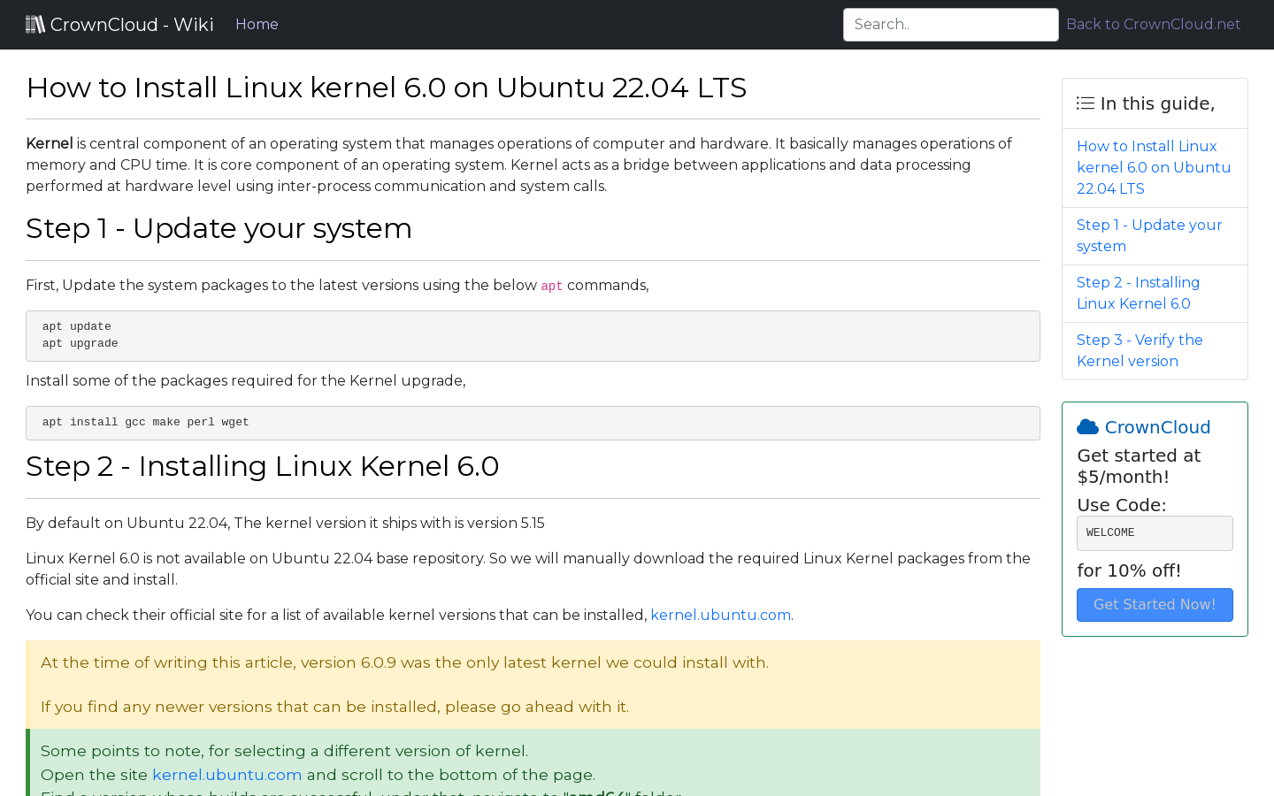 Crowncloud wiki how to install linux kernel 6 x on ubuntu 22 04 lts