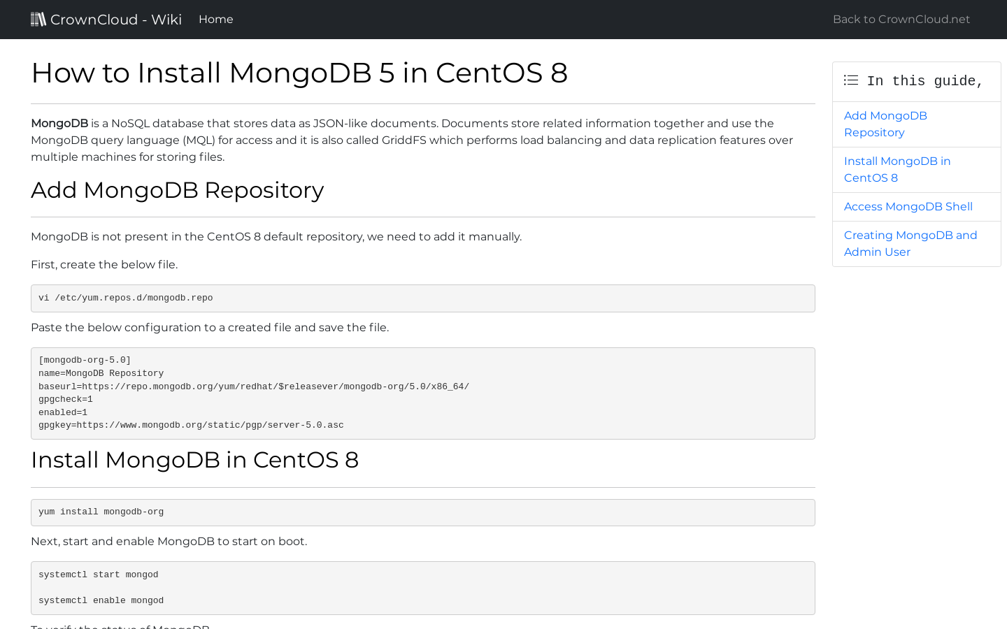 CrownCloud Wiki How To Install MongoDB 5 In CentOS 8