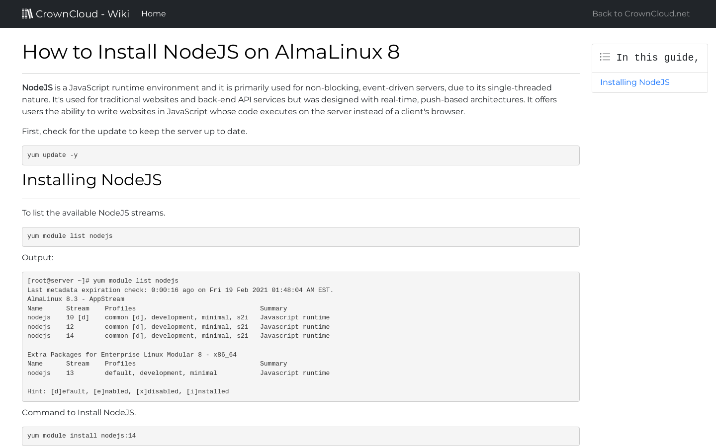 CrownCloud Wiki How To Install NodeJS On AlmaLinux 8