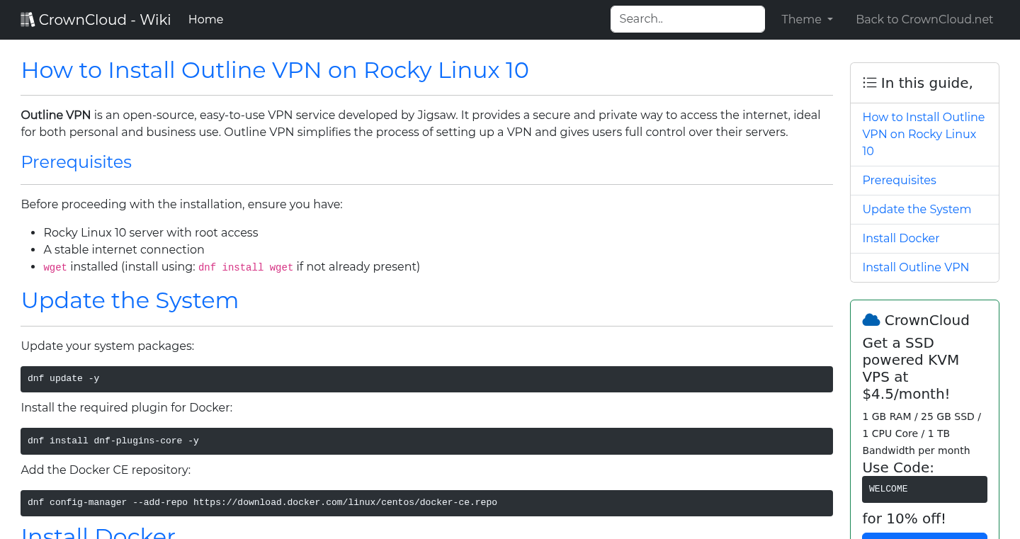 CrownCloud Wiki - How To Install Outline VPN On Rocky Linux 10