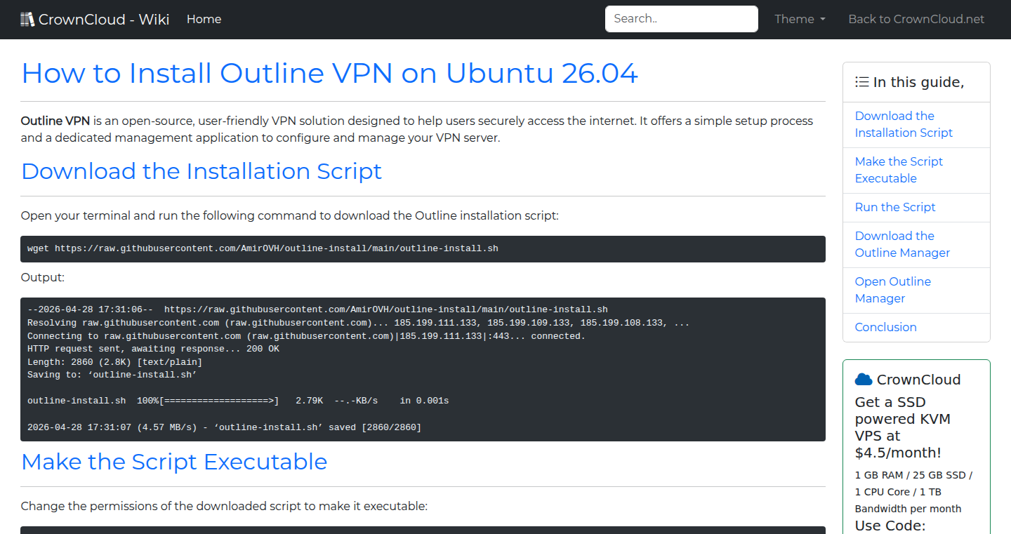 CrownCloud Wiki - How To Install Outline VPN On Ubuntu 26 04