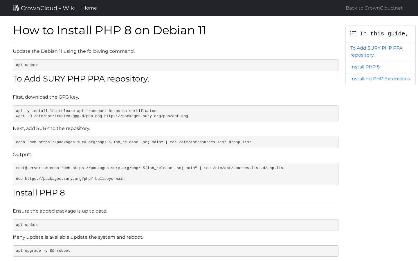 CrownCloud Wiki How To Install PHP 8 On Debian 11