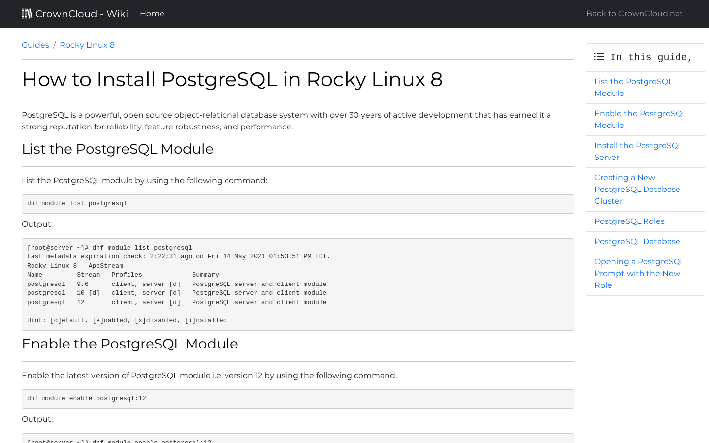 CrownCloud Wiki How To Install PostgreSQL In RockyLinux 8