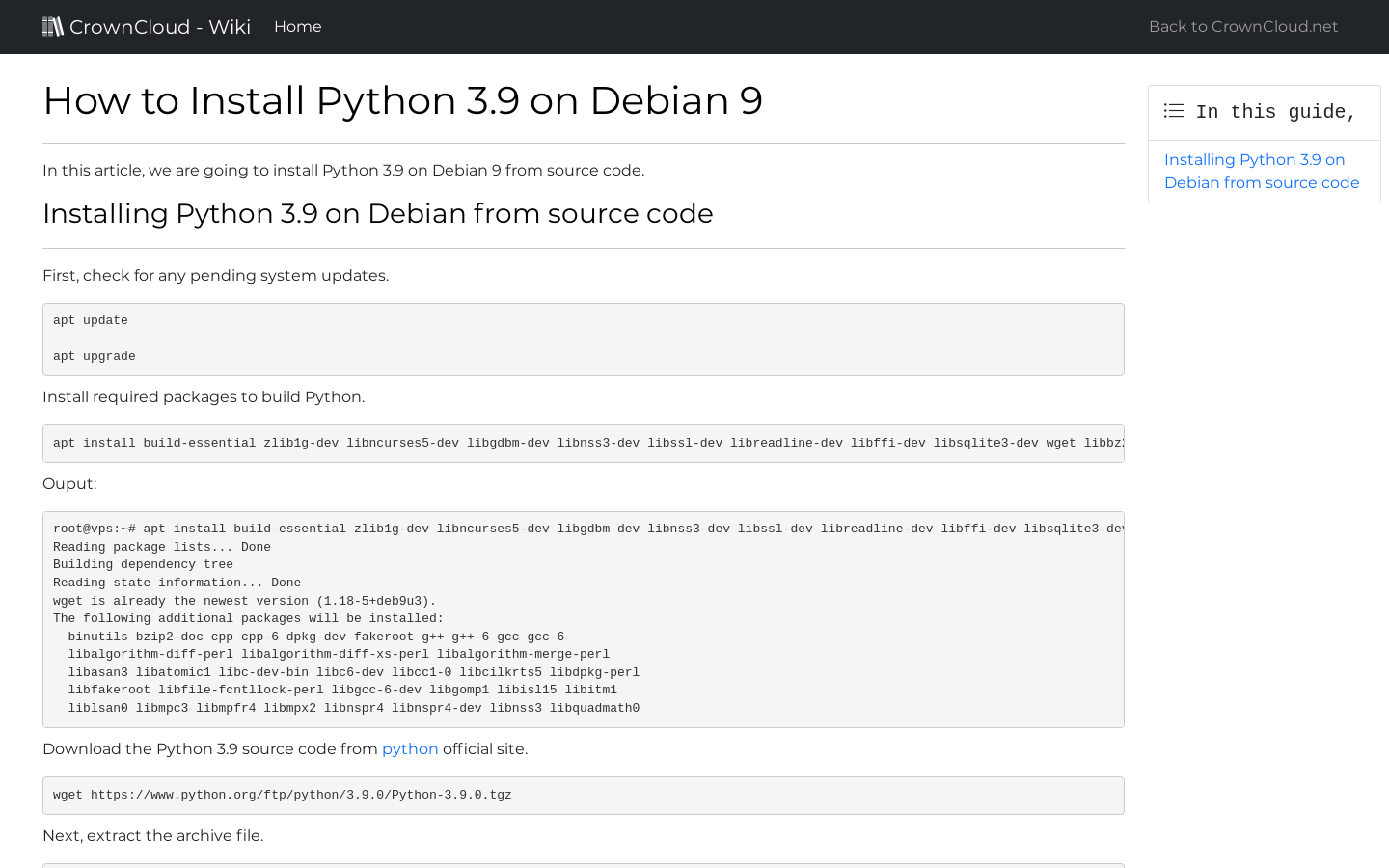 Crowncloud wiki how to install python 3 9 on debian 9