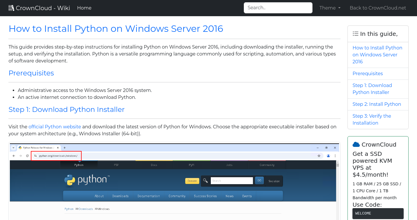 Crowncloud wiki how to install python on windows server 2016