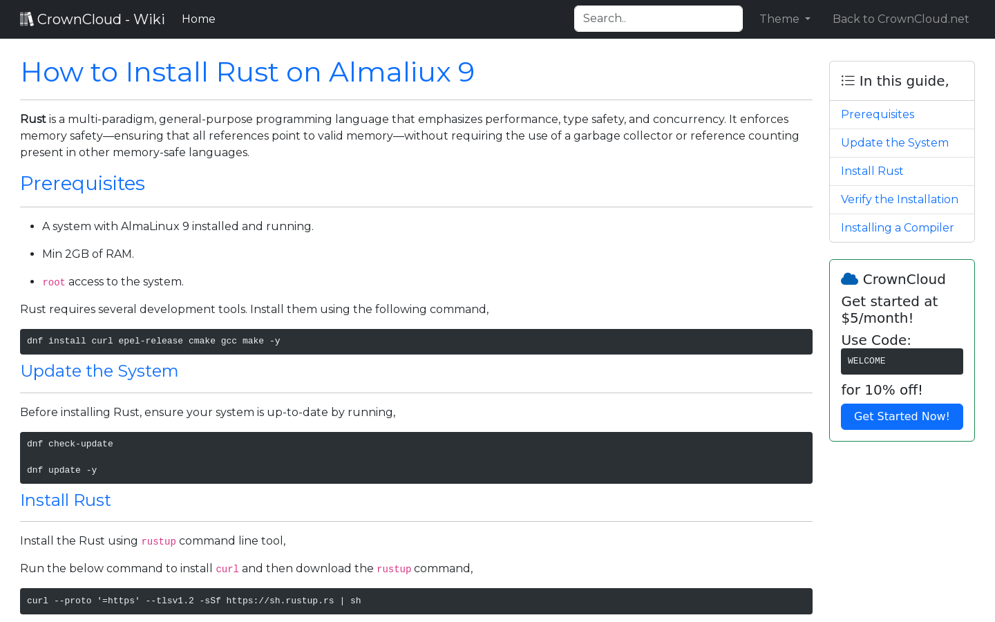 Crowncloud wiki how to install rust on almalinux 9