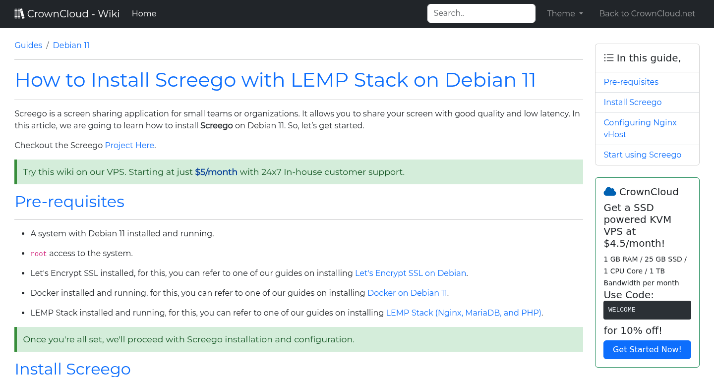 CrownCloud Wiki - How To Install Screego With LEMP Stack On Debian 11