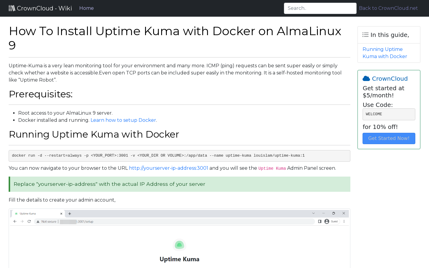 CrownCloud Wiki - How To Install Uptime Kuma With Docker On AlmaLinux 9