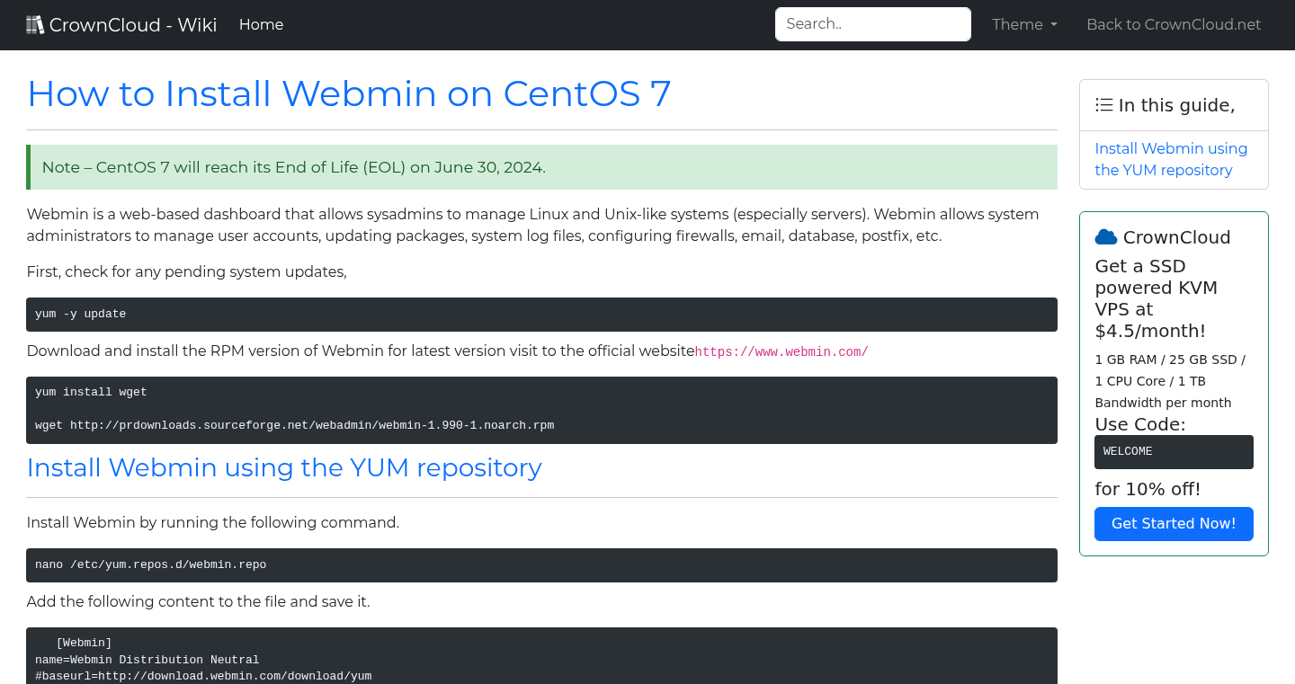 CrownCloud Wiki - How To Install WebMin On CentOS 7