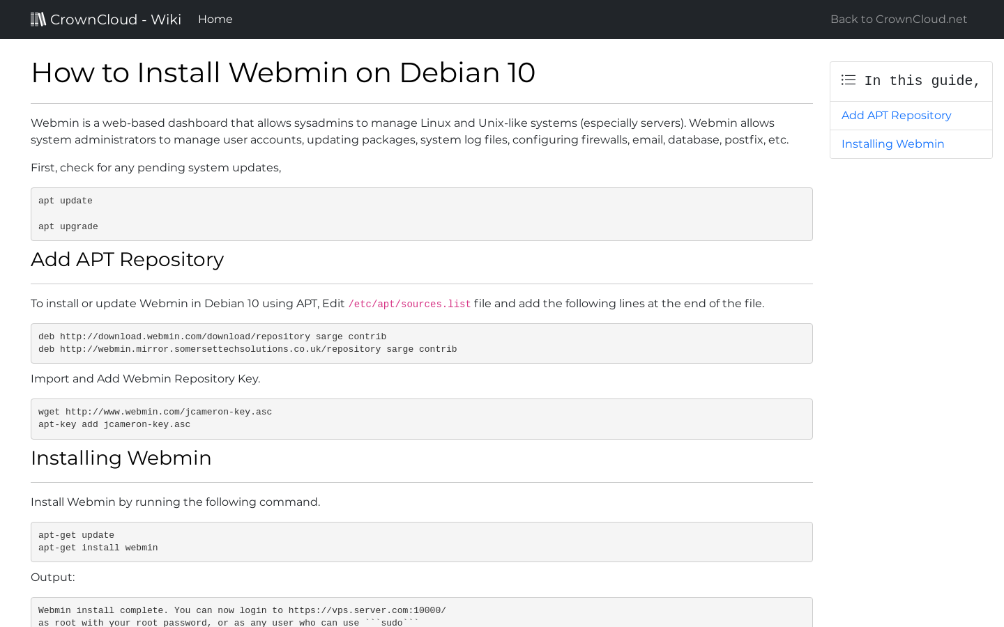 CrownCloud Wiki - How To Install Webmin On Debian 10