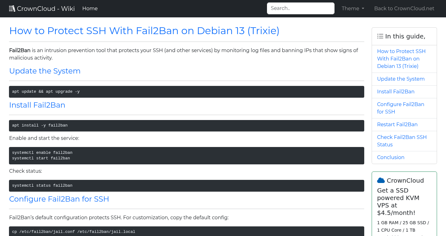 CrownCloud Wiki - How To Protect SSH With Fail2Ban On Debian 13