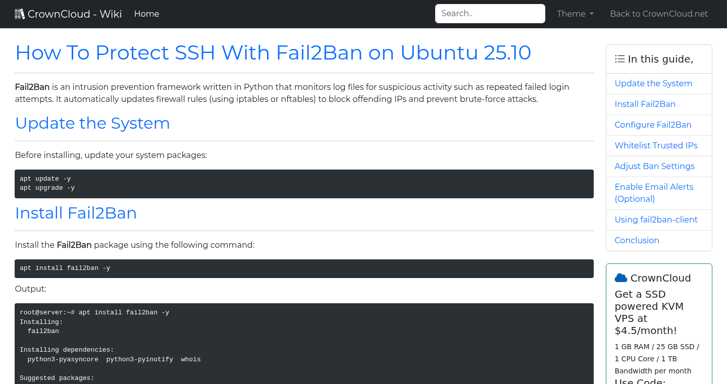 CrownCloud Wiki - How To Protect SSH With Fail2Ban On Ubuntu 25 10