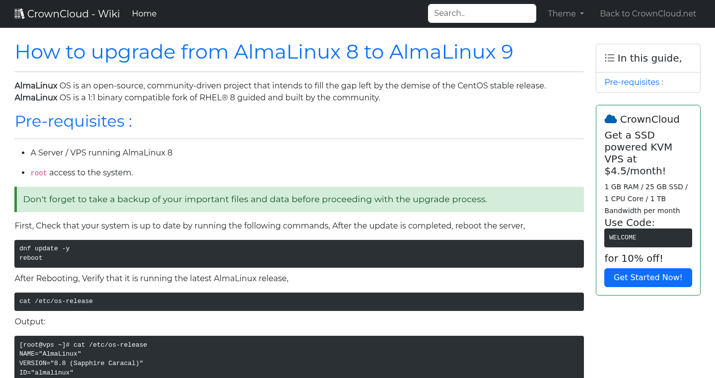 Crowncloud wiki how to upgrade from almalinux 8 to almalinux 9
